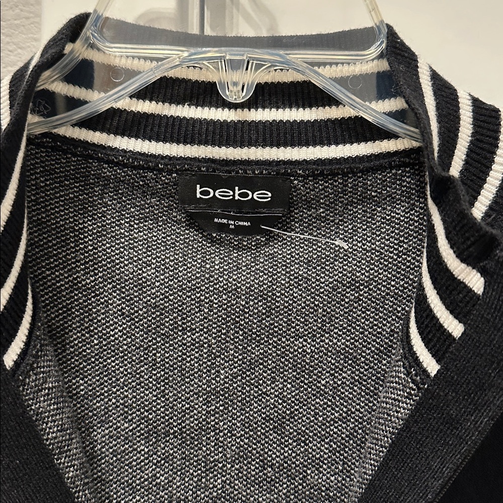 NWT bebe Black Zip-Front Logo Cardigan with Striped Trim size M - Picture 5 of 5